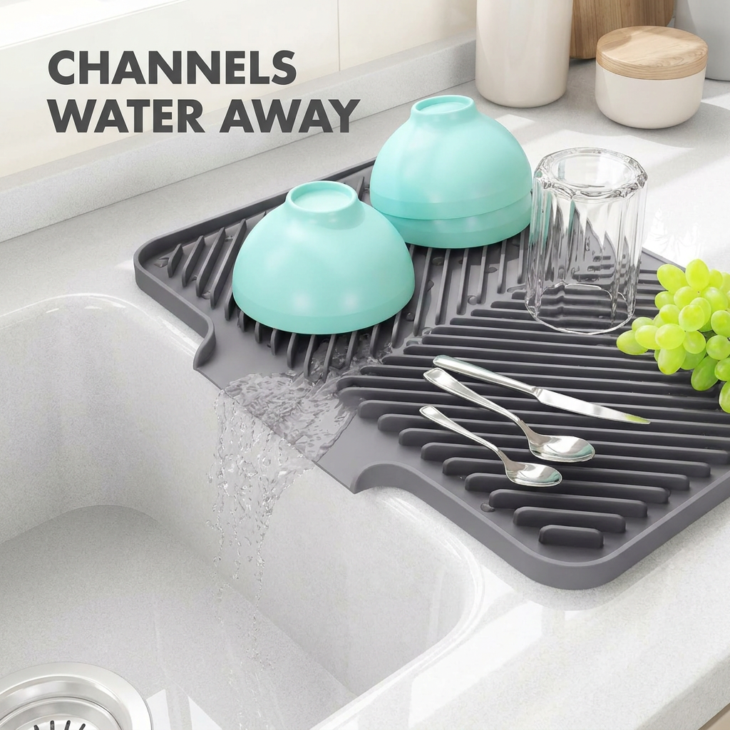 Channels water away from counter