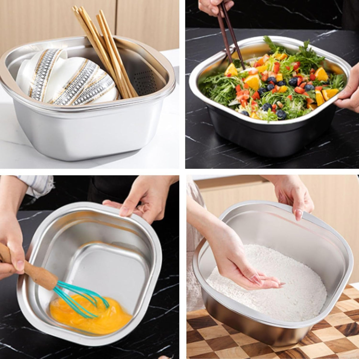 Stainless Steel Washing Up Bowl Set with Colander & Lid – Square Dish Tub for Fruit, Vegetable & Kitchen Sink Prep (11in)