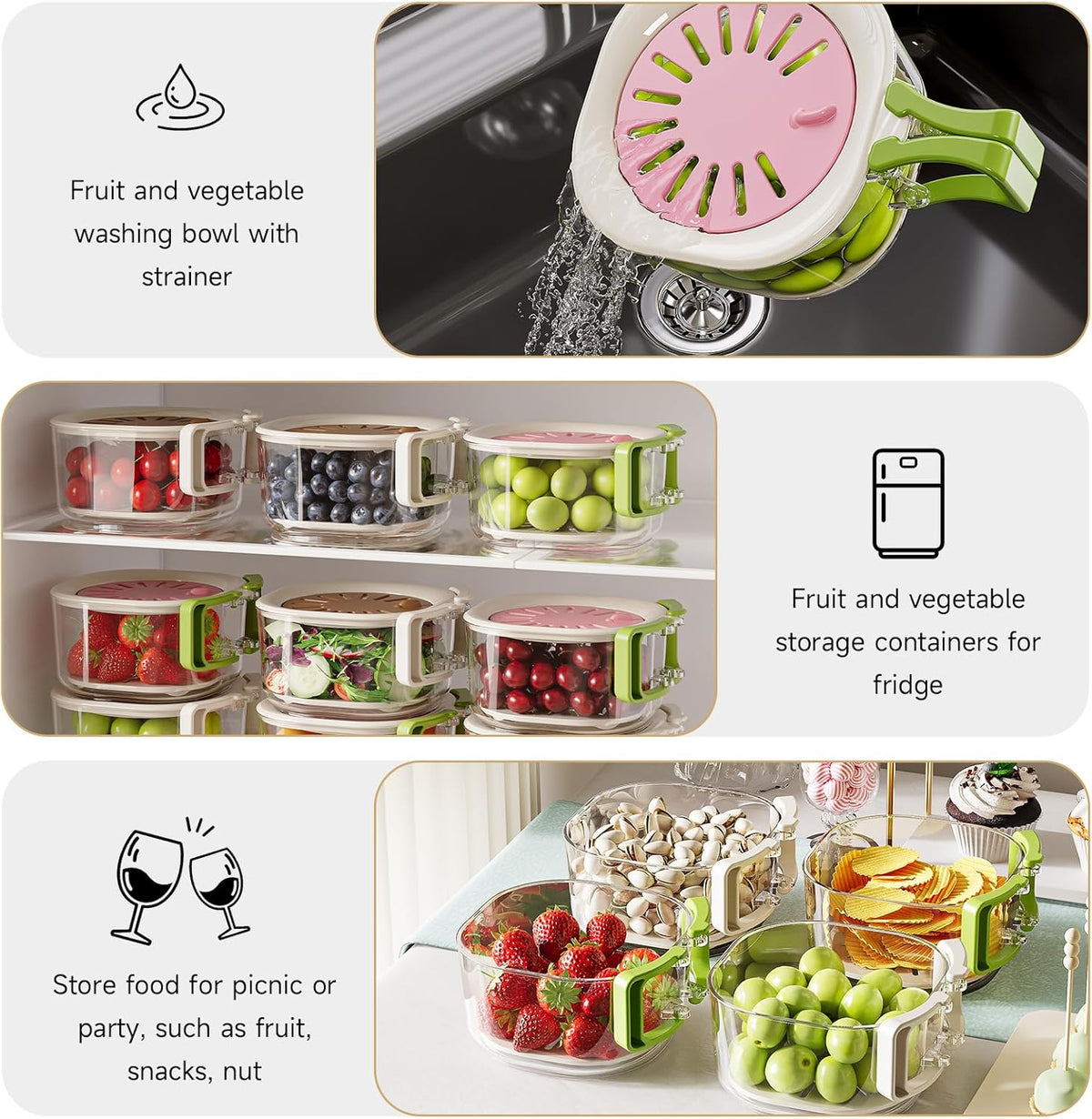 Fruit & Vegetable Washing Bowl with Strainer – Multifunctional Produce Washer, Berry & Lettuce Keeper for Fridge Storage