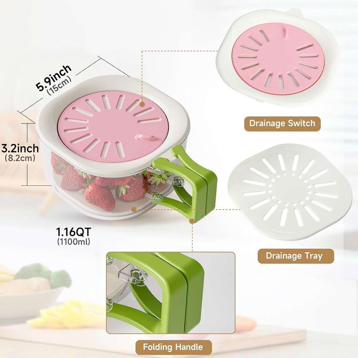 Fruit & Vegetable Washing Bowl with Strainer – Multifunctional Produce Washer, Berry & Lettuce Keeper for Fridge Storage