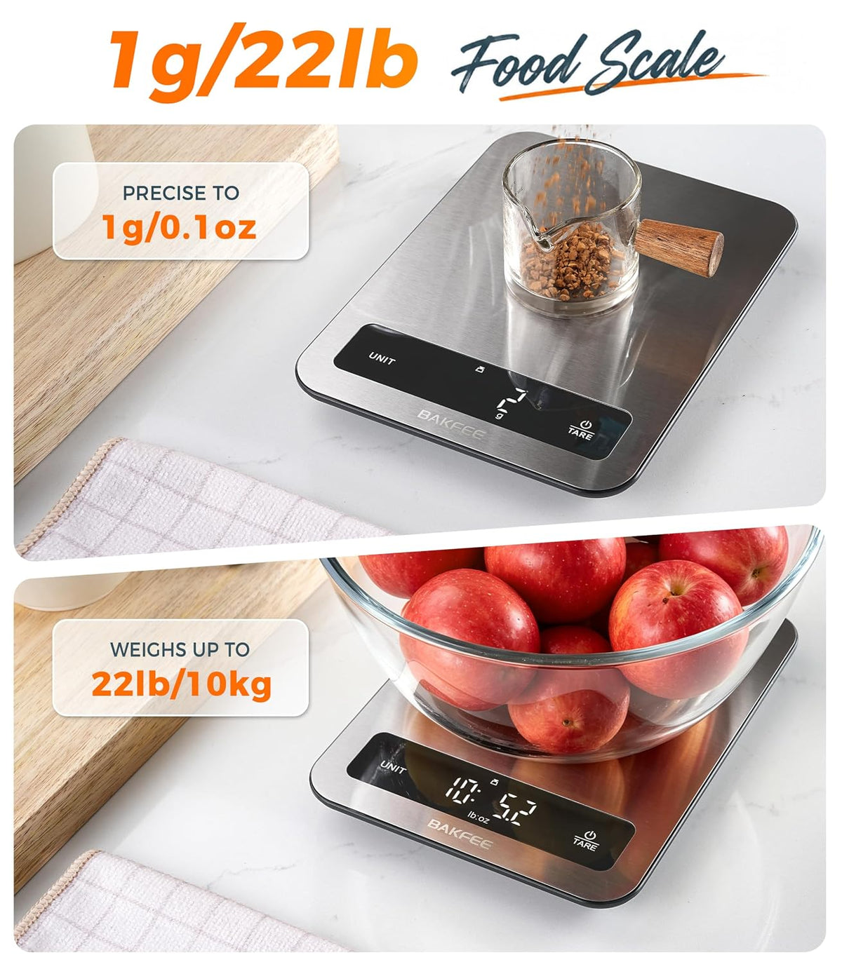22lb Digital Kitchen Food Scale – Stainless Steel, 1g Precision, LED Display