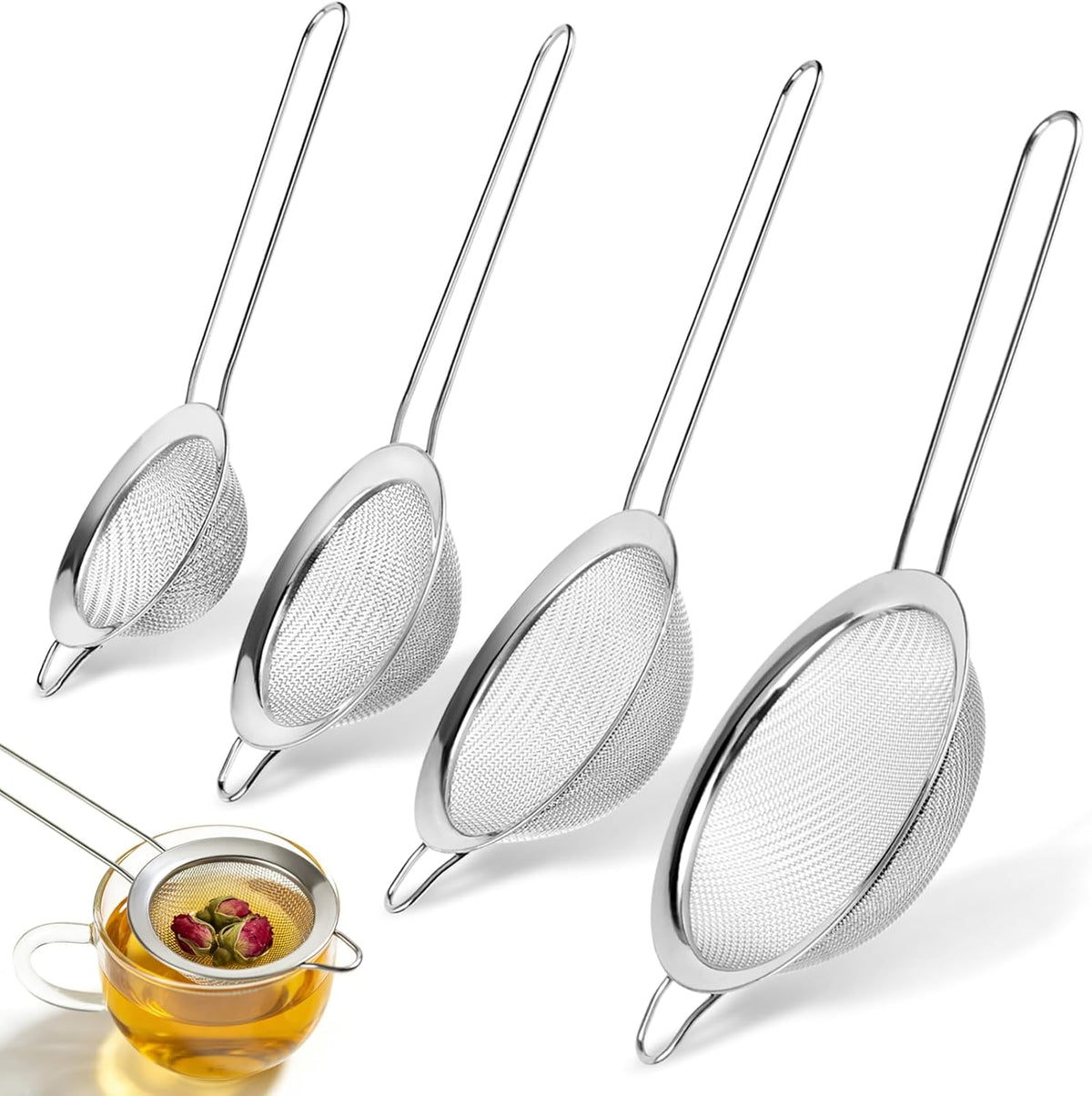 4-Piece Stainless Steel Fine Mesh Strainer Set – Kitchen Sieves with Non-Slip Handle for Juice, Baking Flour, Tea & Cocktails
