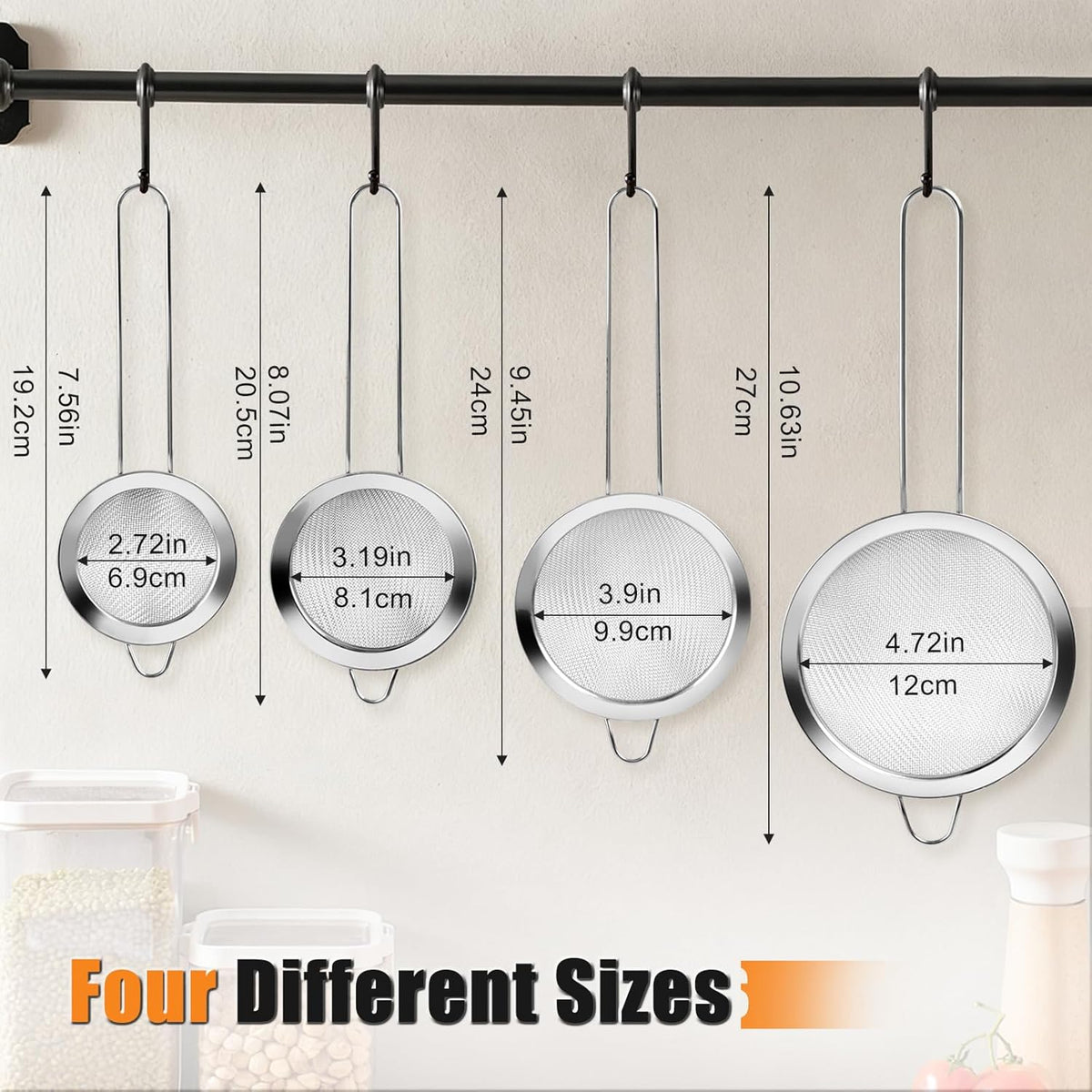 4-Piece Stainless Steel Fine Mesh Strainer Set – Kitchen Sieves with Non-Slip Handle for Juice, Baking Flour, Tea & Cocktails