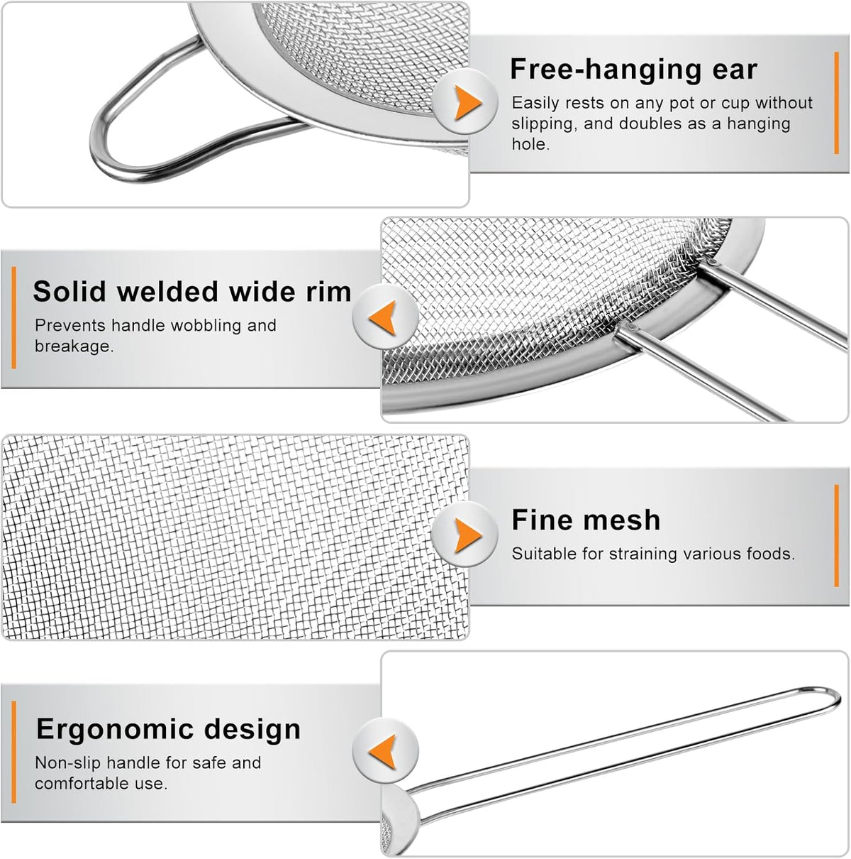 4-Piece Stainless Steel Fine Mesh Strainer Set – Kitchen Sieves with Non-Slip Handle for Juice, Baking Flour, Tea & Cocktails