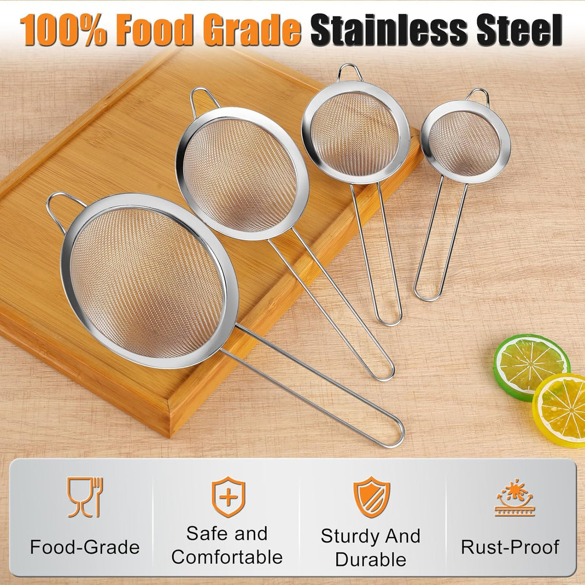 4-Piece Stainless Steel Fine Mesh Strainer Set – Kitchen Sieves with Non-Slip Handle for Juice, Baking Flour, Tea & Cocktails