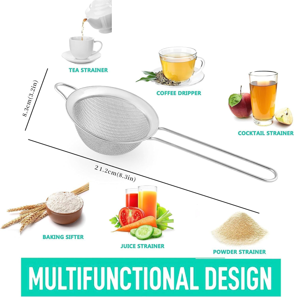 3.35 Inch Stainless Steel Fine Mesh Strainer – Handheld Mini Sieve for Cocktails, Tea, Coffee & Juice