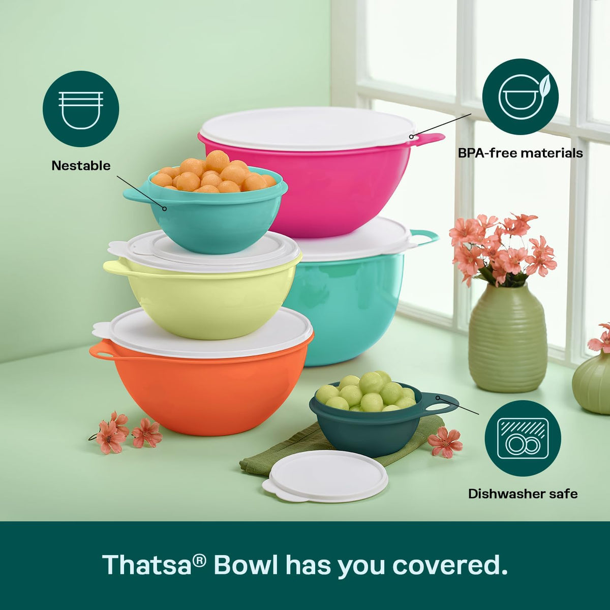Thatsa Bowl Collection 6-Piece Food Storage Container Set – BPA Free Dishwasher Safe Kitchen Bowls with Lids (Fauna)