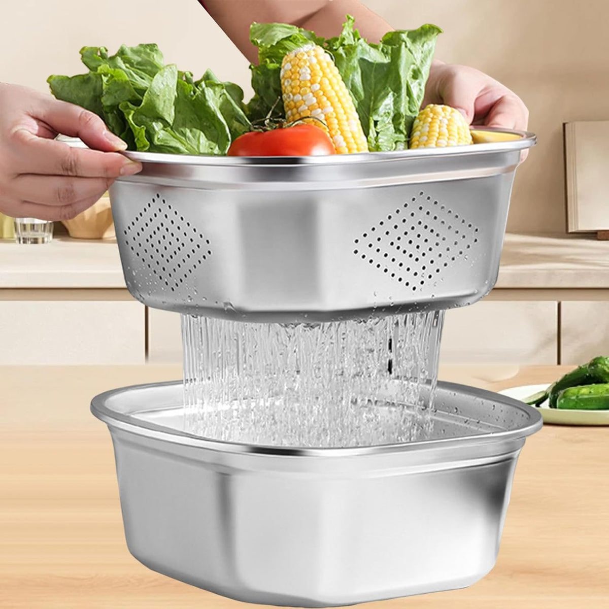 Stainless Steel Colander & Mixing Bowl Set with Lid – 3600ml Food Storage Container for Washing Rice, Vegetables & Fruit