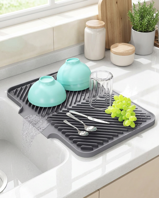 Quick-Drain Silicone Dish Drying Mat in use, lifestyle