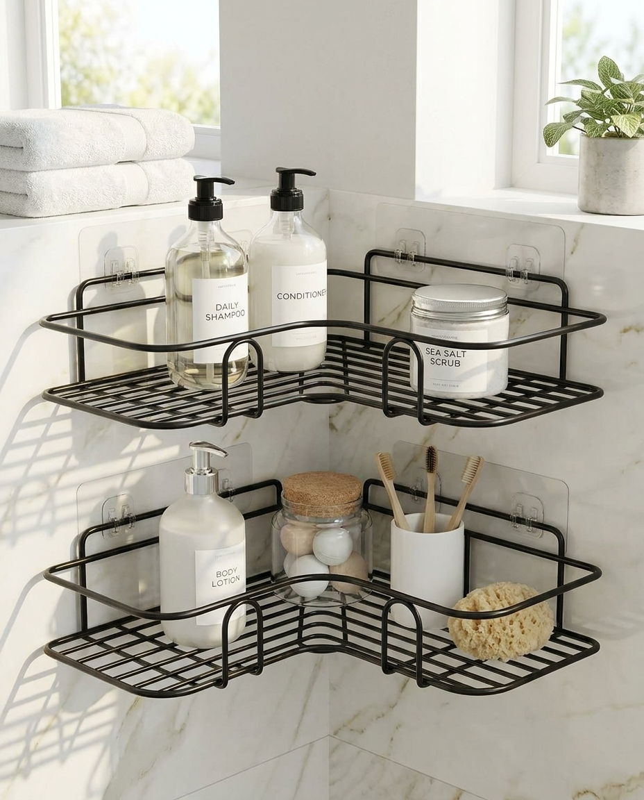 Self-Adhesive Bathroom Corner Shelf in use, lifestyle
