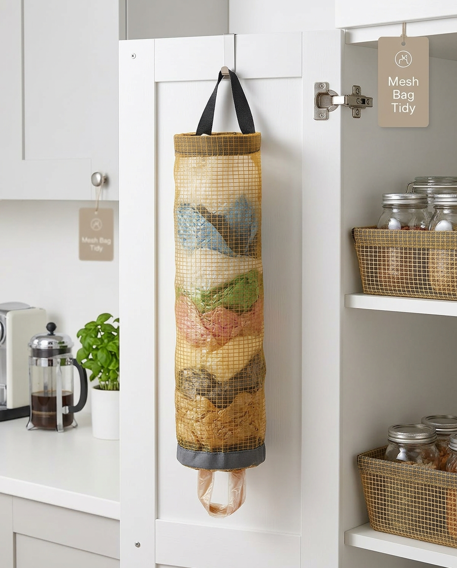 Hanging Mesh Plastic Bag Holder in use, lifestyle