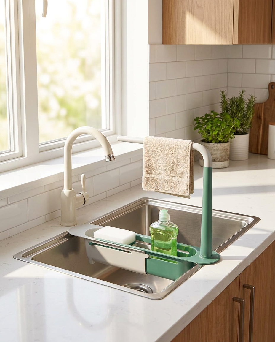 SinkMate Telescopic Sink Storage Rack in use, lifestyle