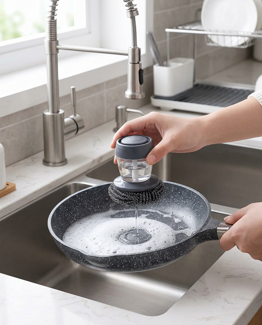 2 in 1 Liquid Soap Dispensing Palm Brush in use, lifestyle