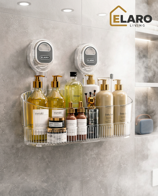 Elaro Living Waterproof Bathroom Wall Organizer in use, lifestyle