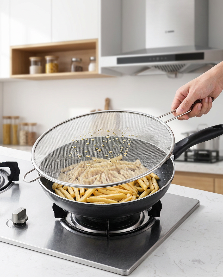 Fine Mesh Stainless Steel Oil Splash Guard in use, lifestyle