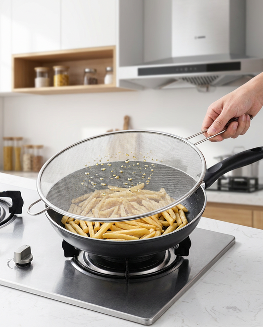 Fine Mesh Stainless Steel Oil Splash Guard in use, lifestyle