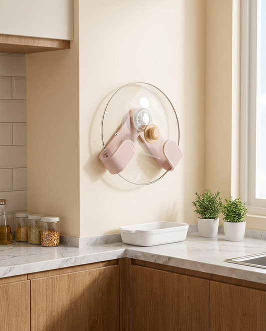 Multi-Purpose Suction Hook & Pot Lid Holder in use, lifestyle