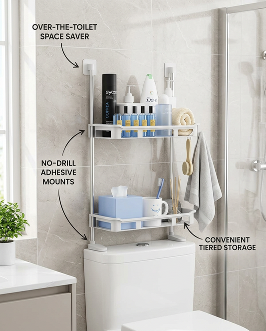 No-Drill 2-Tier Bathroom Shelf in use, lifestyle