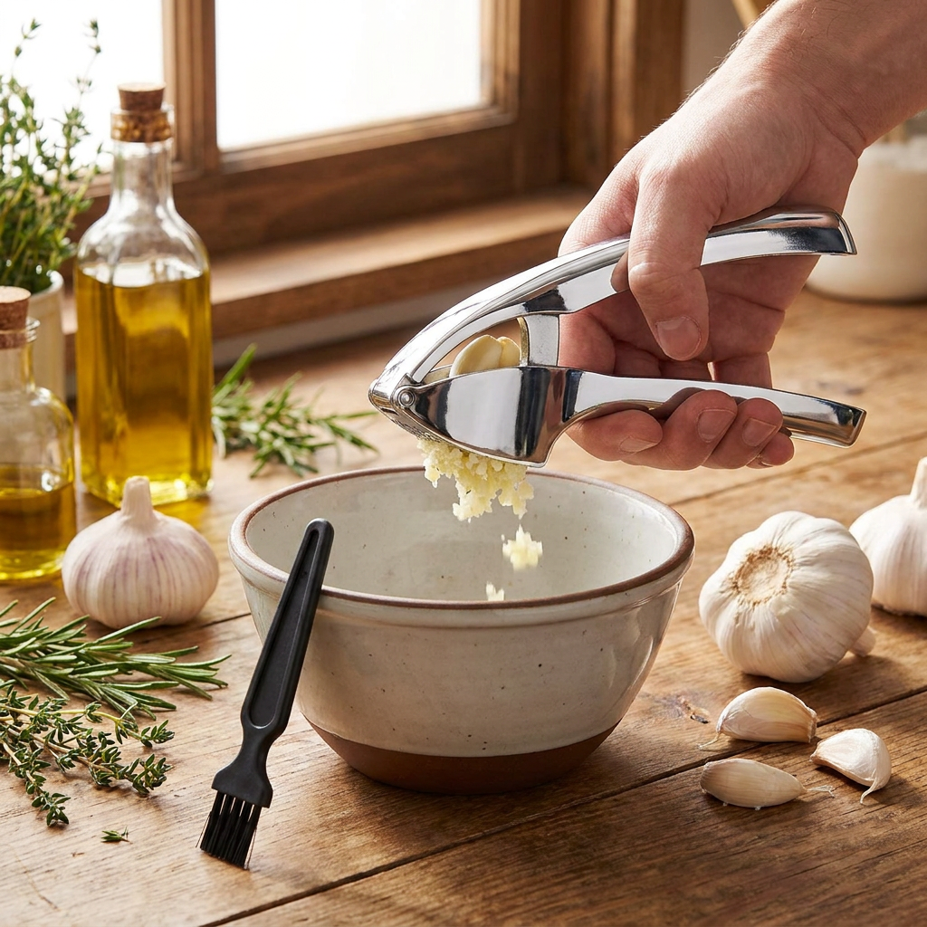 EZMIBEE Garlic Press in use