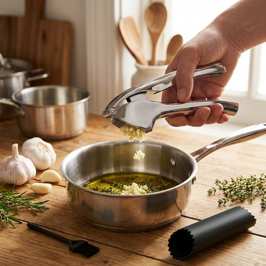 Garlic Press with cleaning brush in use