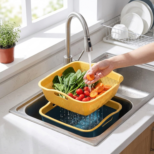 2-in-1 Kitchen Colander Drain Basin in use