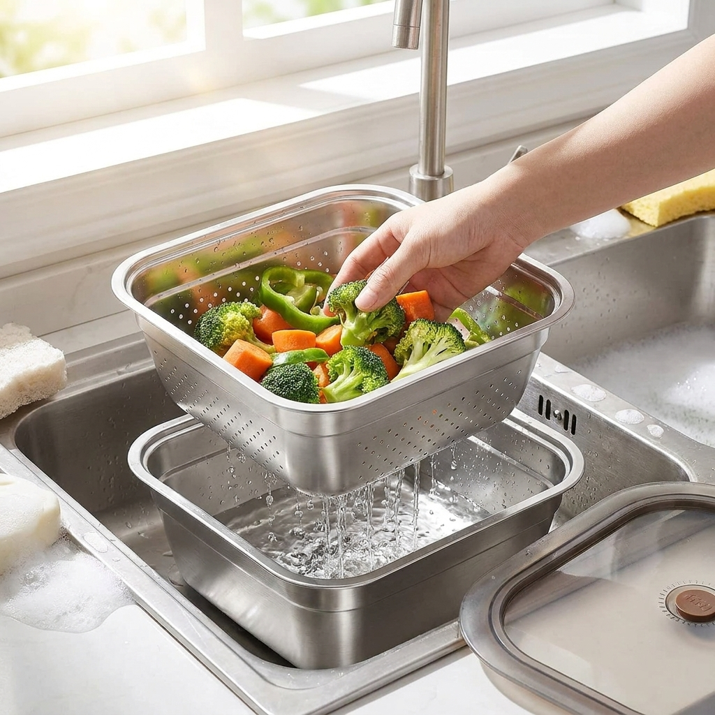 Stainless Steel Washing Up Bowl Set with Colander in use