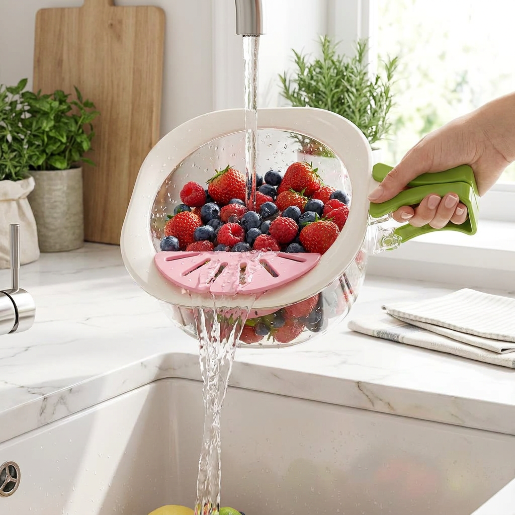 Fruit and Vegetable Washing Bowl with Strainer in use