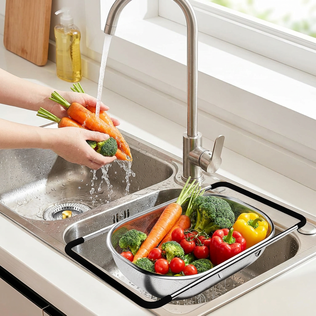 Over-the-Sink Colander Combo in use