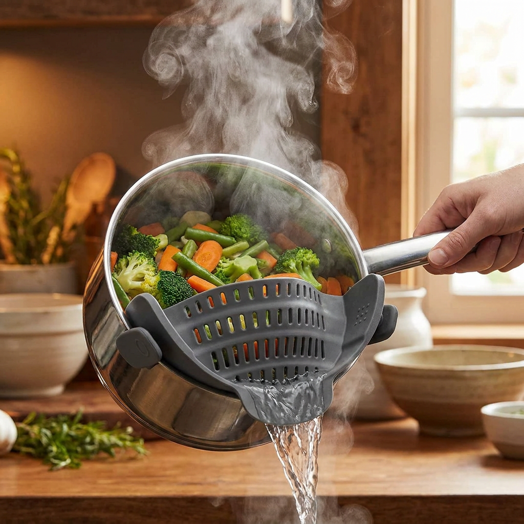 Gray Silicone Clip-On Strainer in use