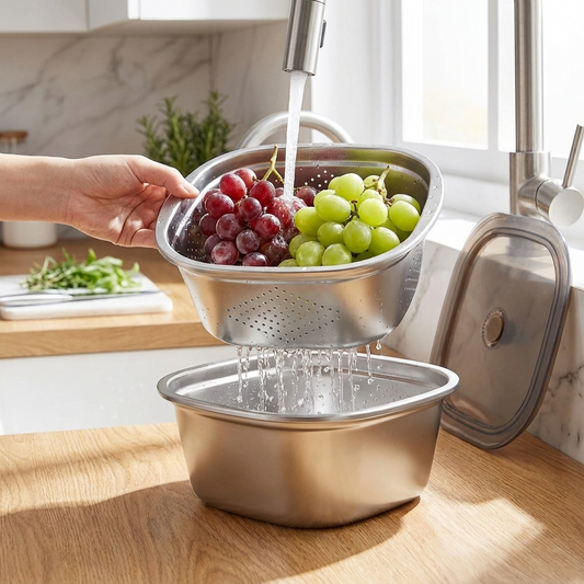 Stainless Steel Colander Bowl Set in use