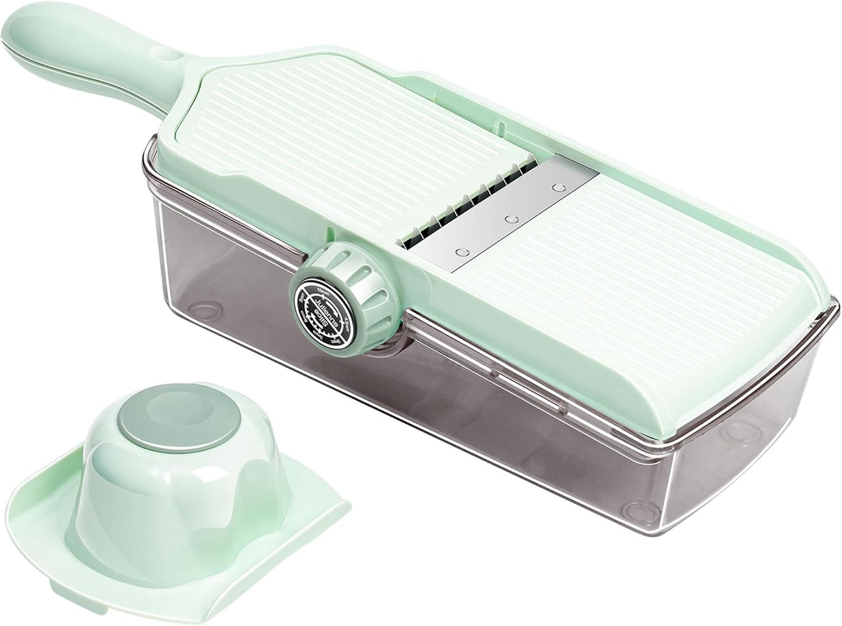 Multifunctional Vegetable Slicer & Cheese Grater with Container – Julienne Cutter with Hand Guard & Adjustable Thickness