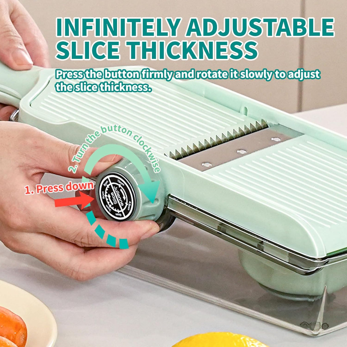Multifunctional Vegetable Slicer & Cheese Grater with Container – Julienne Cutter with Hand Guard & Adjustable Thickness