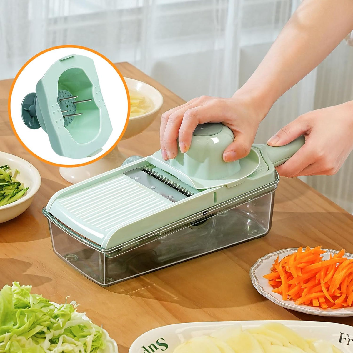 Multifunctional Vegetable Slicer & Cheese Grater with Container – Julienne Cutter with Hand Guard & Adjustable Thickness