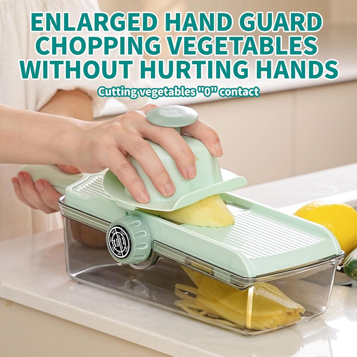 Multifunctional Vegetable Slicer & Cheese Grater with Container – Julienne Cutter with Hand Guard & Adjustable Thickness