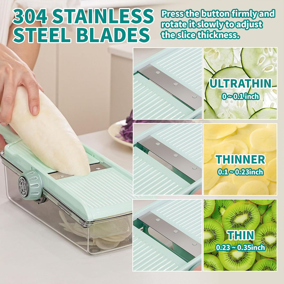 Multifunctional Vegetable Slicer & Cheese Grater with Container – Julienne Cutter with Hand Guard & Adjustable Thickness