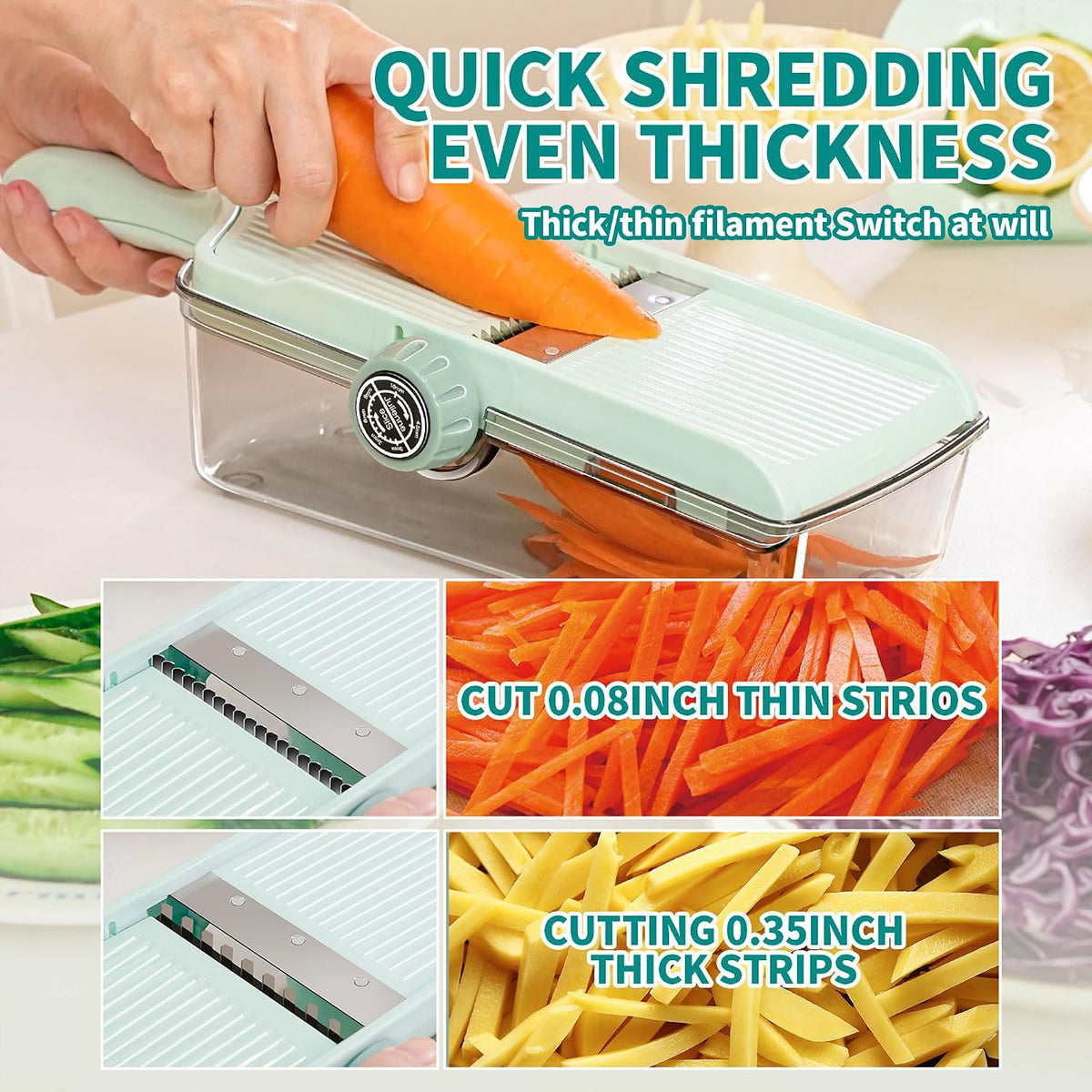 Multifunctional Vegetable Slicer & Cheese Grater with Container – Julienne Cutter with Hand Guard & Adjustable Thickness