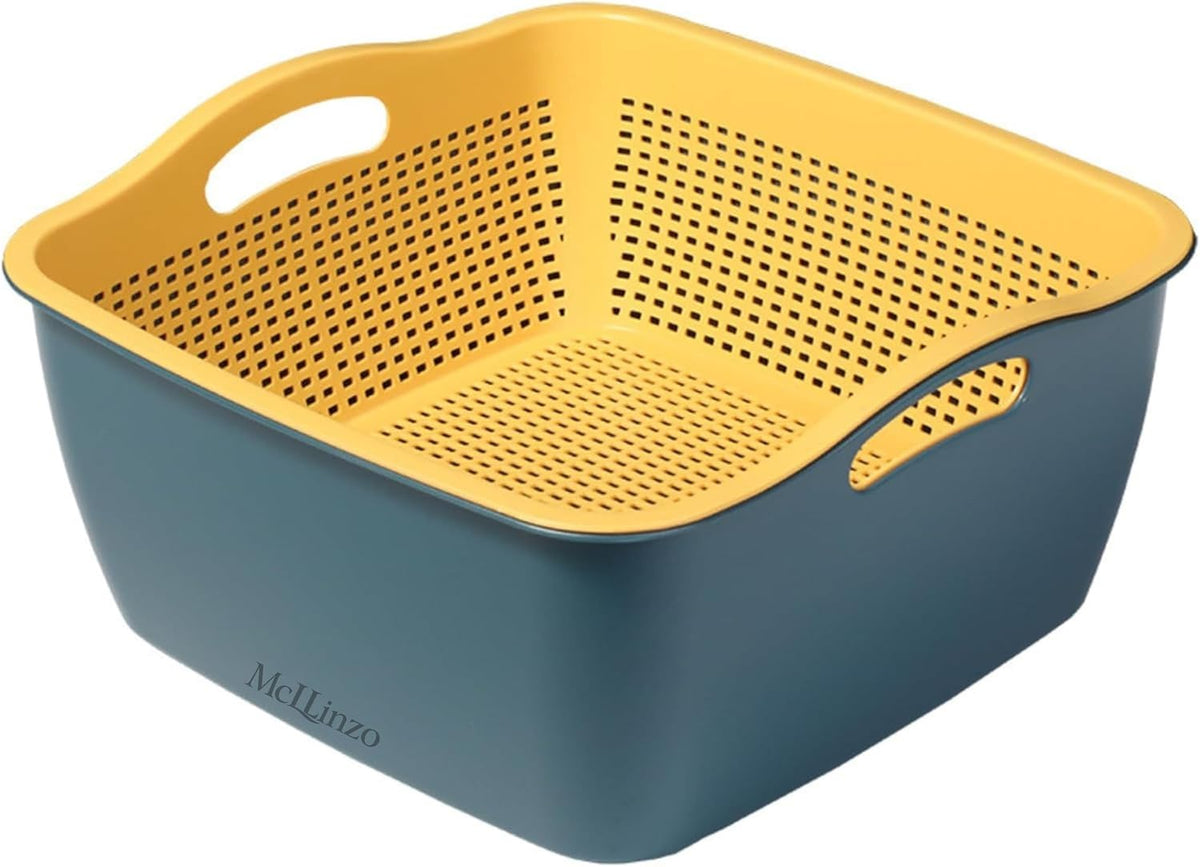 Large 2-in-1 Kitchen Colander & Drain Basin – Plastic Strainer Bowl Combo (Blue/Yellow)