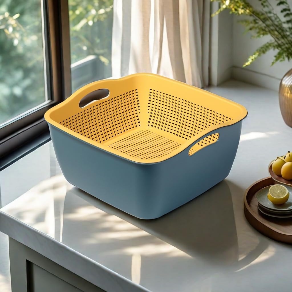Large 2-in-1 Kitchen Colander & Drain Basin – Plastic Strainer Bowl Combo (Blue/Yellow)
