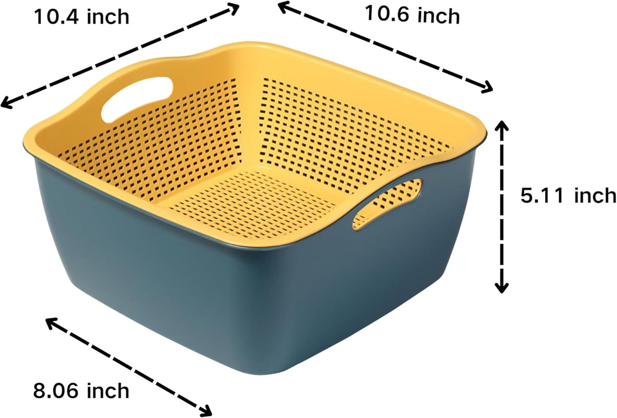 Large 2-in-1 Kitchen Colander & Drain Basin – Plastic Strainer Bowl Combo (Blue/Yellow)