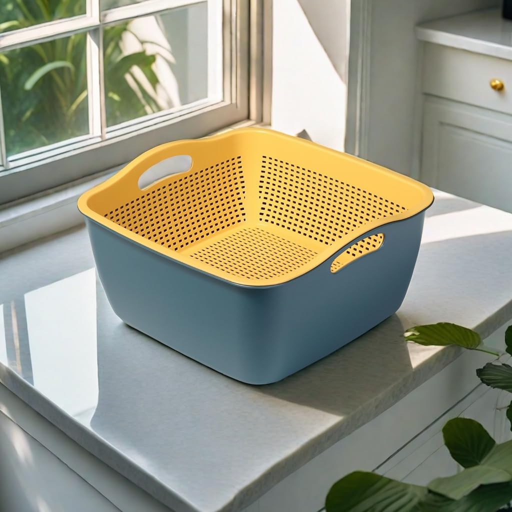 Large 2-in-1 Kitchen Colander & Drain Basin – Plastic Strainer Bowl Combo (Blue/Yellow)