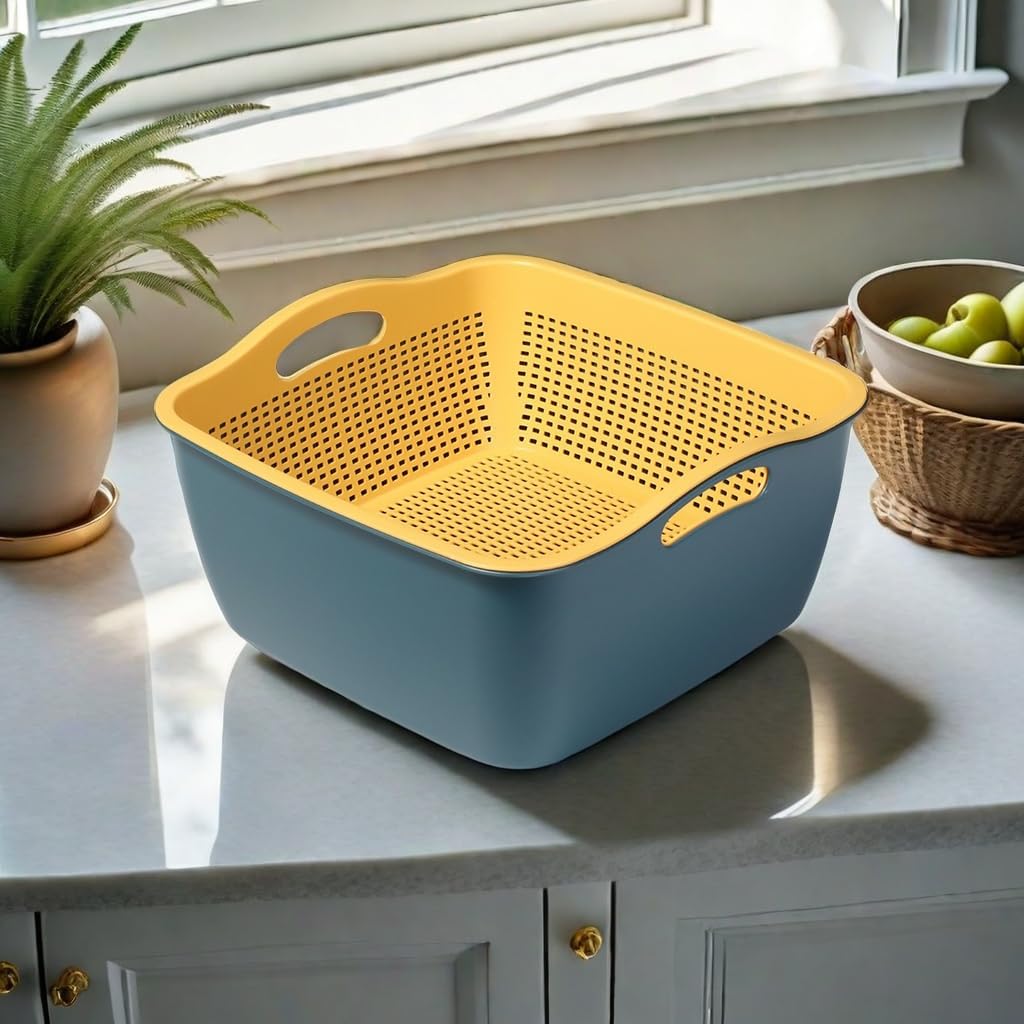 Large 2-in-1 Kitchen Colander & Drain Basin – Plastic Strainer Bowl Combo (Blue/Yellow)