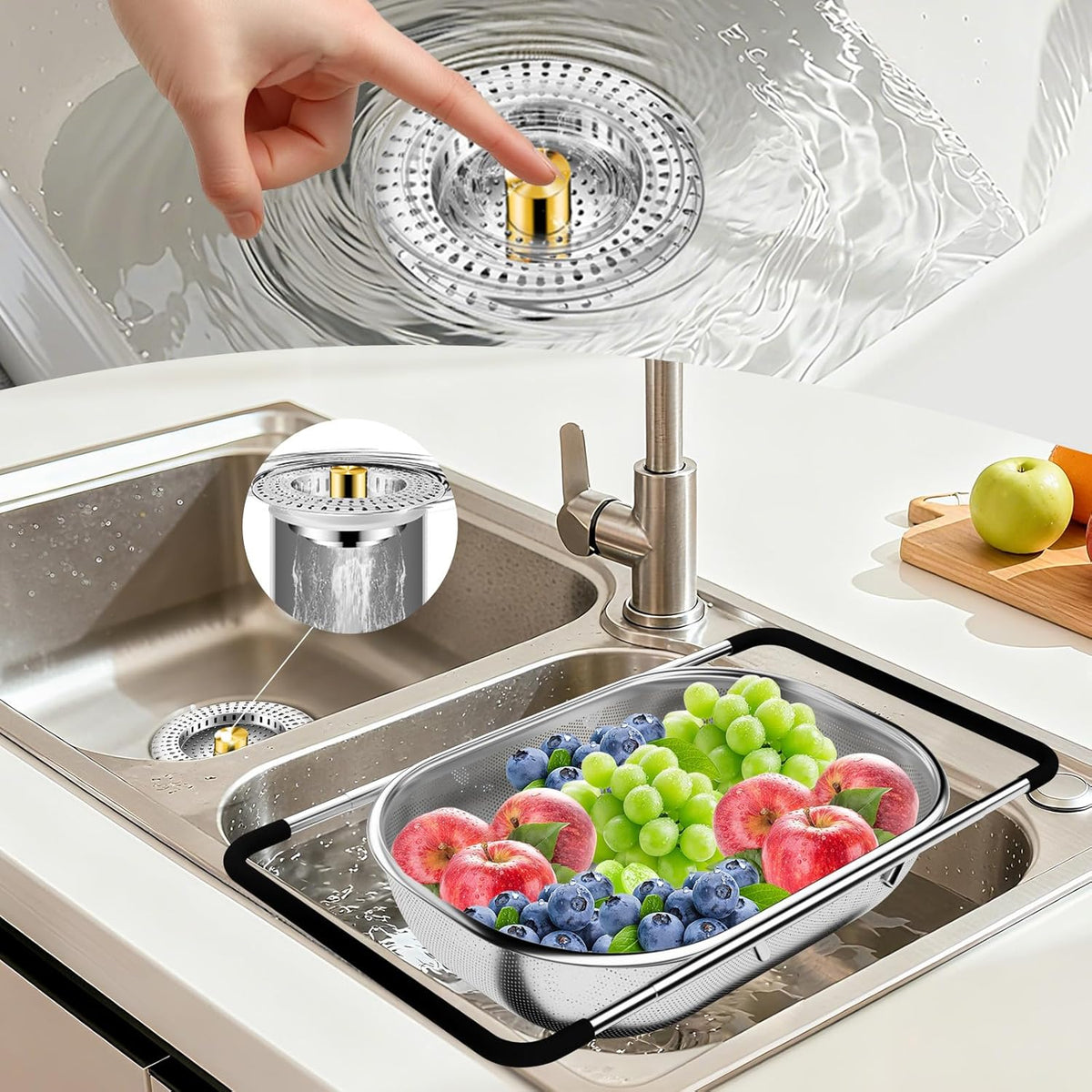 Kitchen Sink Strainer Combo – Over-the-Sink Colander & Drain Strainer Set, Kitchen Essential Accessory