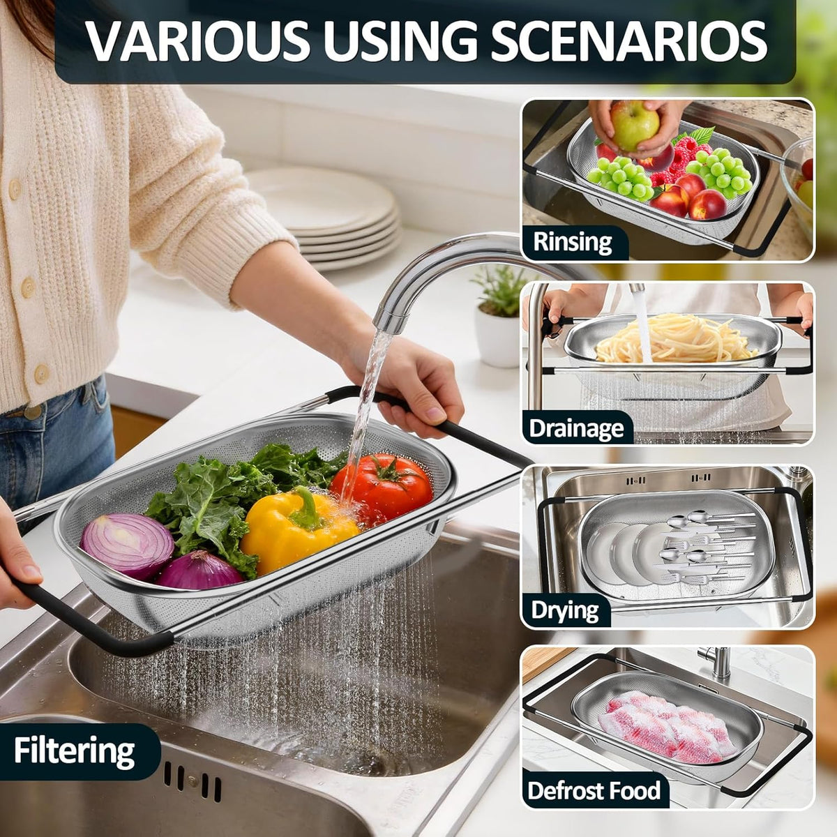 Kitchen Sink Strainer Combo – Over-the-Sink Colander & Drain Strainer Set, Kitchen Essential Accessory