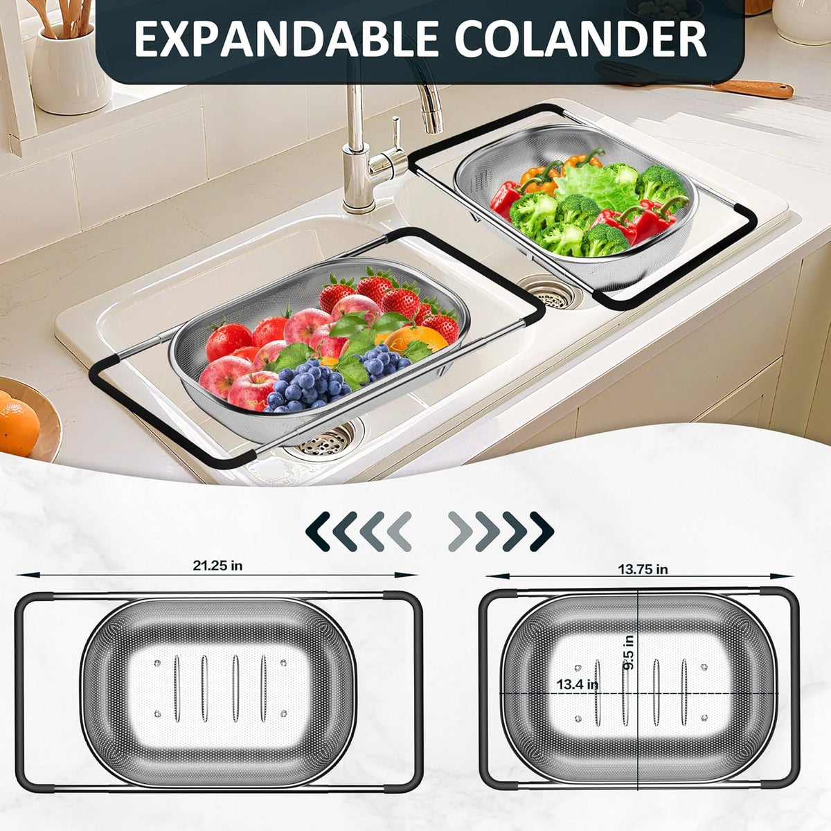 Kitchen Sink Strainer Combo – Over-the-Sink Colander & Drain Strainer Set, Kitchen Essential Accessory
