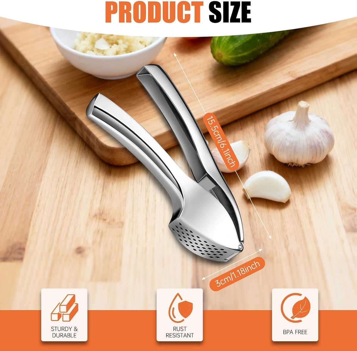 EZMIBEE Stainless Steel Garlic Press & Mincer – Rust-Proof Detachable Garlic Crusher with Cleaning Brush