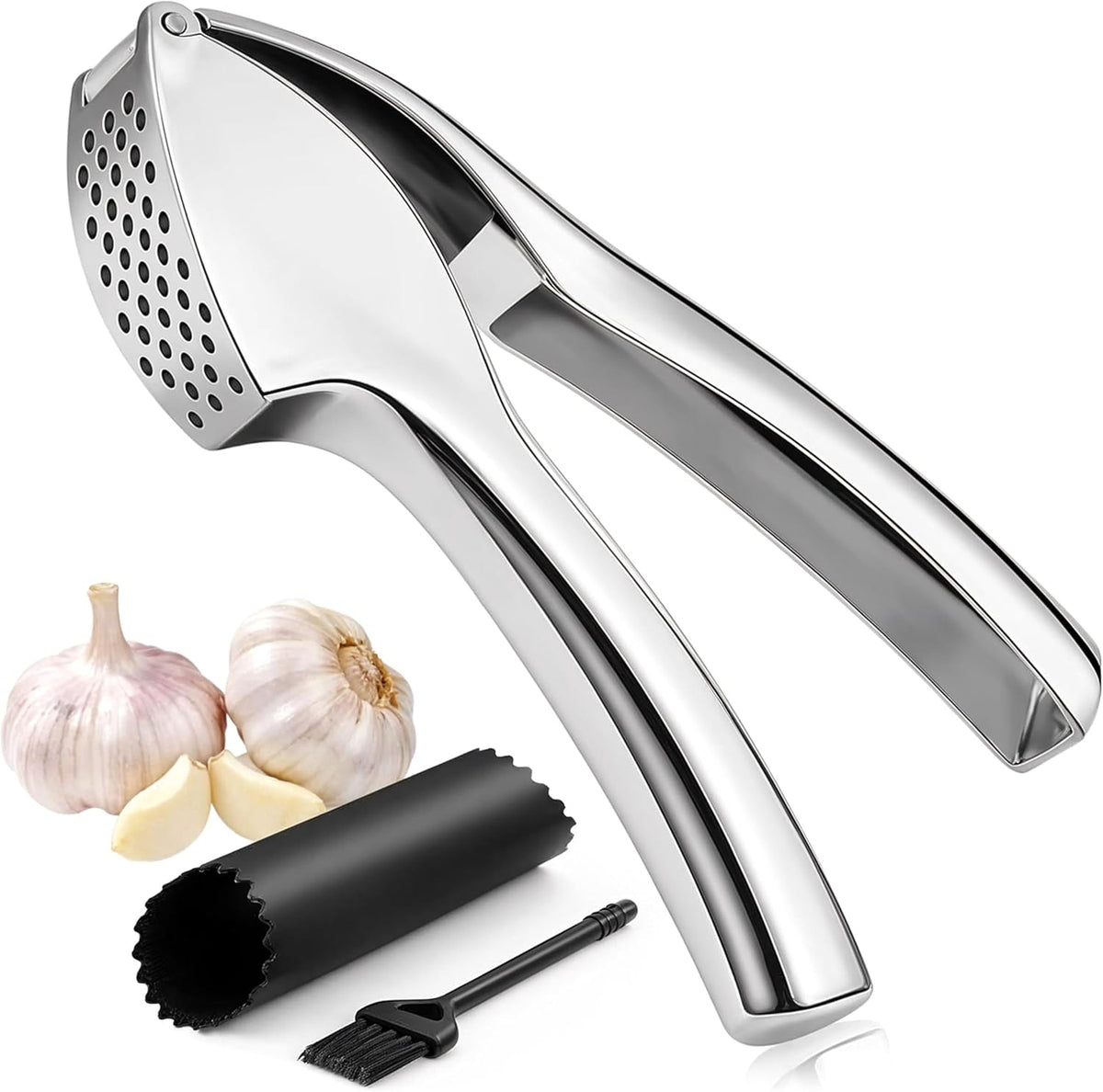 Garlic Press with Cleaning Brush & Silicone Peeler – Mincer, Grater, Smasher & Crusher Kitchen Utensil