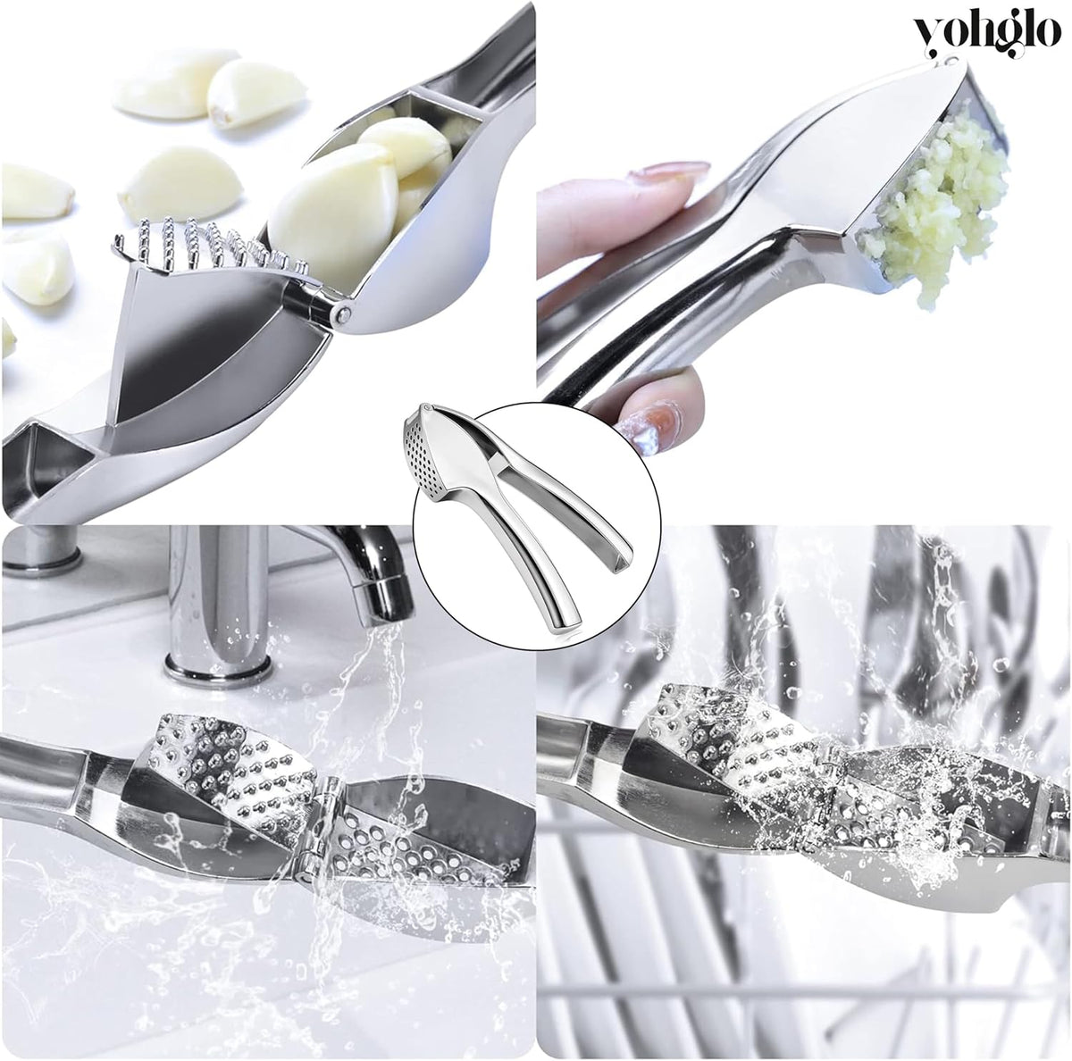 Garlic Press with Cleaning Brush & Silicone Peeler – Mincer, Grater, Smasher & Crusher Kitchen Utensil