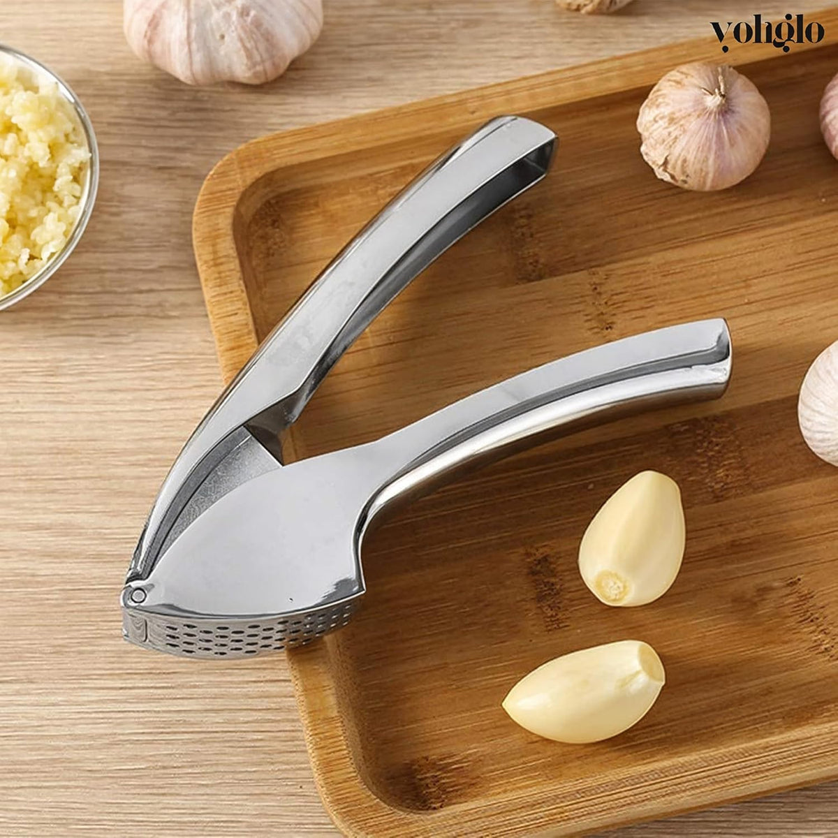 Garlic Press with Cleaning Brush & Silicone Peeler – Mincer, Grater, Smasher & Crusher Kitchen Utensil