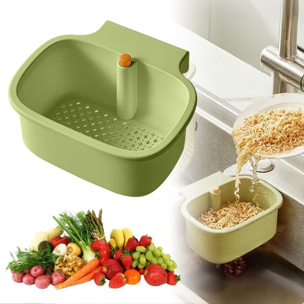 Kitchen Sink Strainer Basket – Faucet Hanging Food Colander with Auto-Dump Bottom Release Drain Filter (Green)