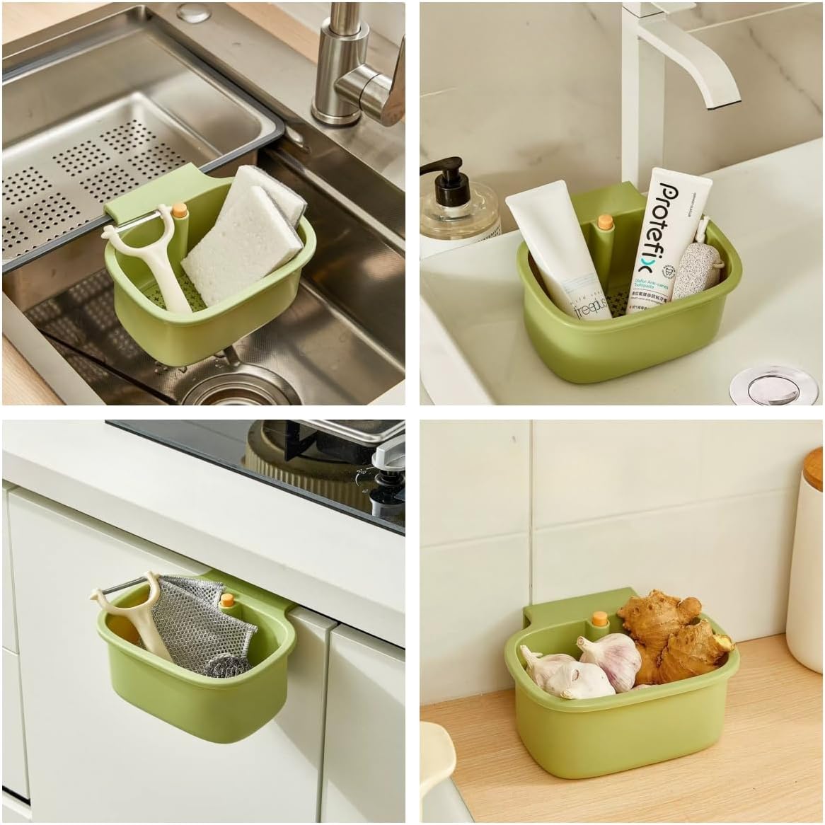 Kitchen Sink Strainer Basket – Faucet Hanging Food Colander with Auto-Dump Bottom Release Drain Filter (Green)